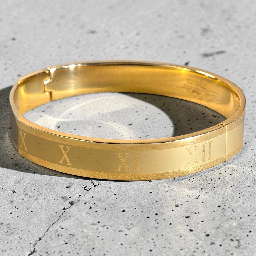 Gold Tone Roman Numeral Bangle Bracelet Edforce Womens 7 In Box Clasp Jewelry